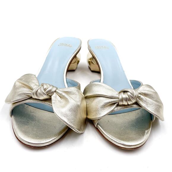 Frances Valentine Bottie Bow Heels Gold Sandals Geodome Slide Leather Sz 7 - Picture 4 of 12